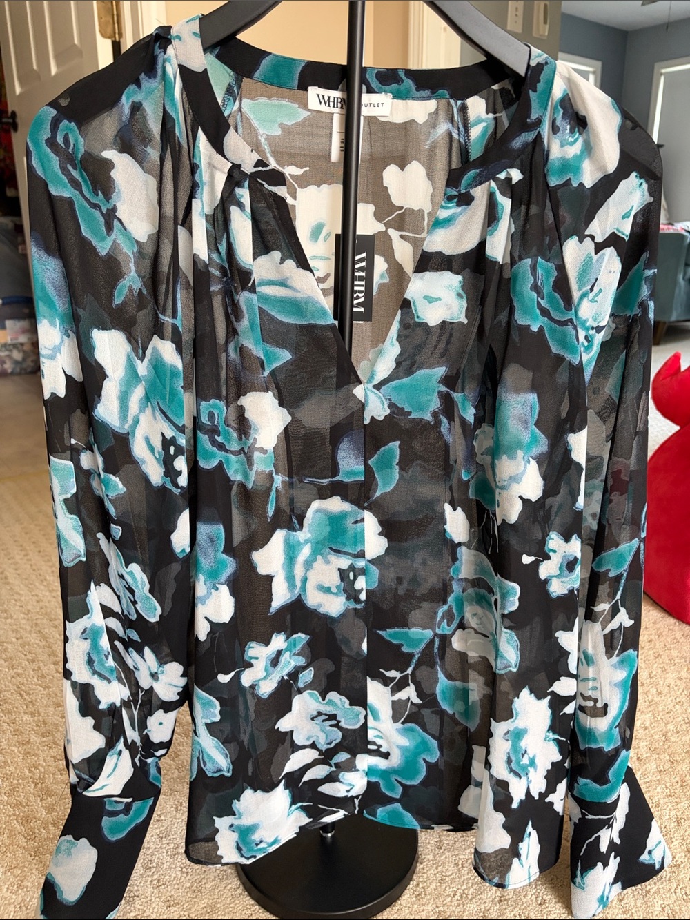 White House Black Market Outlet Black Teal Floral Sheer V-Neck Blouse